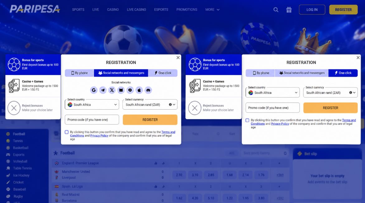 paripesa registration via messangers or one-click option
